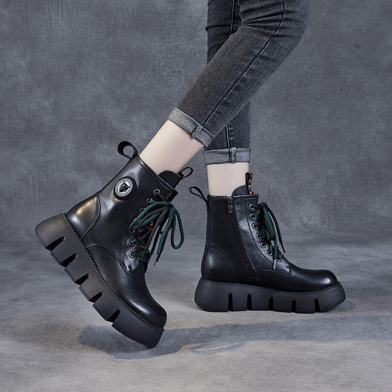 厚底短靴女2023秋冬新款真皮圆头系带侧拉链休闲松糕靴子女马丁靴,淘宝优惠券,粉丝福利购,淘宝优惠卷