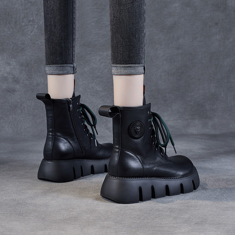 厚底短靴女2023秋冬新款真皮圆头系带侧拉链休闲松糕靴子女马丁靴,淘宝优惠券,粉丝福利购,淘宝优惠卷