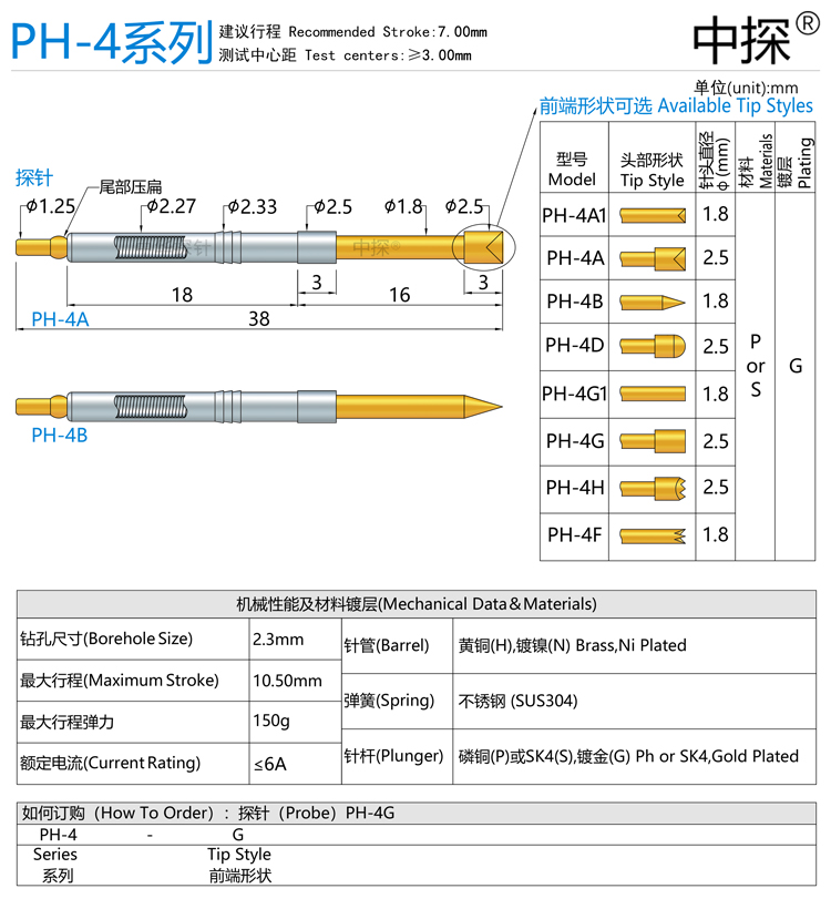 中探 PH-4探针 PH-4A PH-4G PH-4B  一体针轴 针杆磷铜或SK4镀金 - 图1