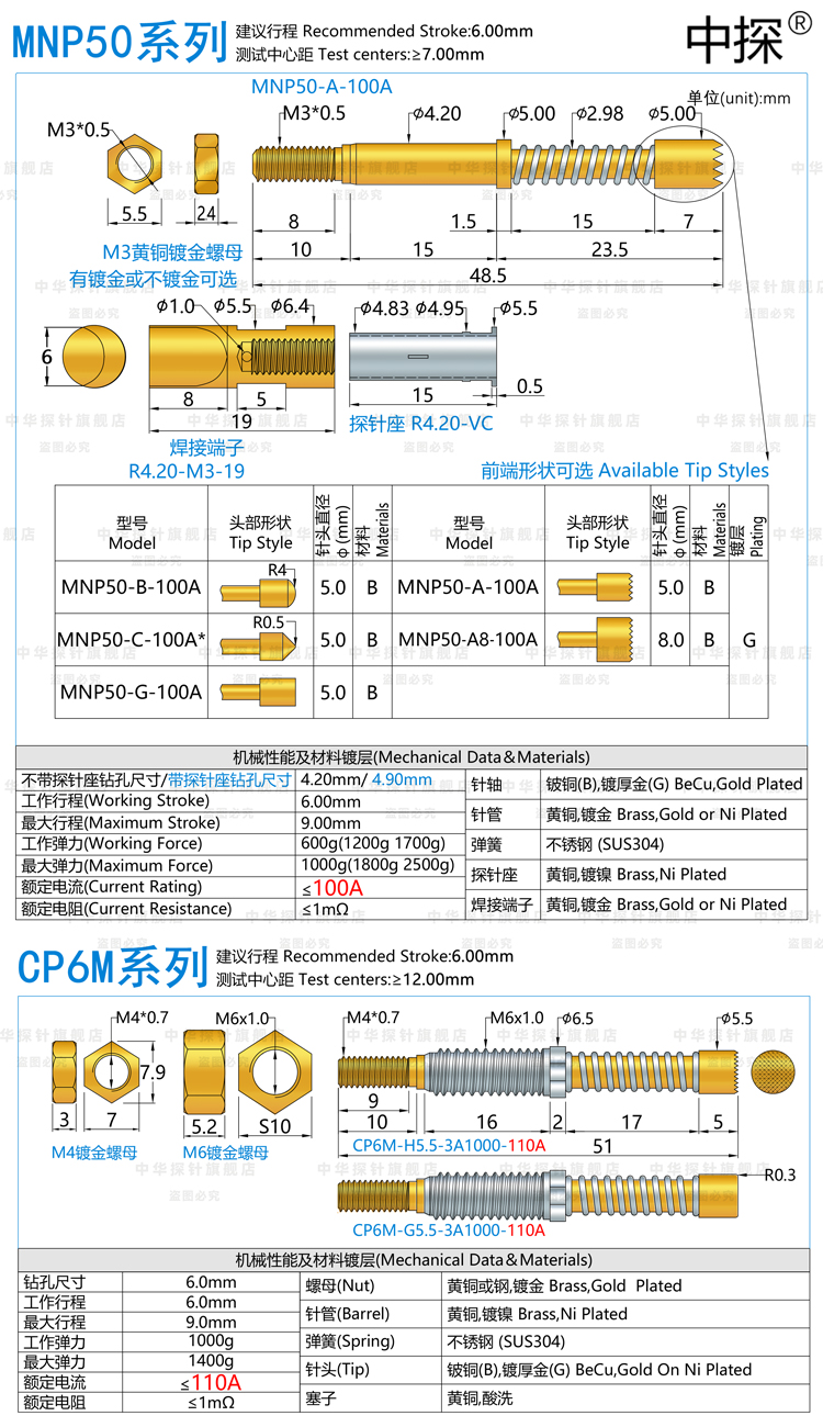 中探MNP50-A  B G A8 大电流探针 持续最大100A铍铜镀厚金 低阻抗 - 图2