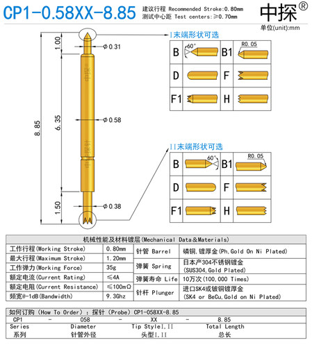 中探 BGA高频 双头探针 CP1-0.58XX-8.85 硬质铍铜或SK4镀厚金 - 图0