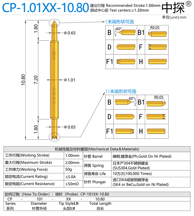 BGA高频 双头探针 CP-1.01XX-10.80 针杆采用硬质铍铜镀金 - 图0