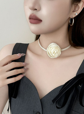 粉色颈花项链女choker脖子配饰轻奢小众颈带夏天项圈玫瑰花朵颈链