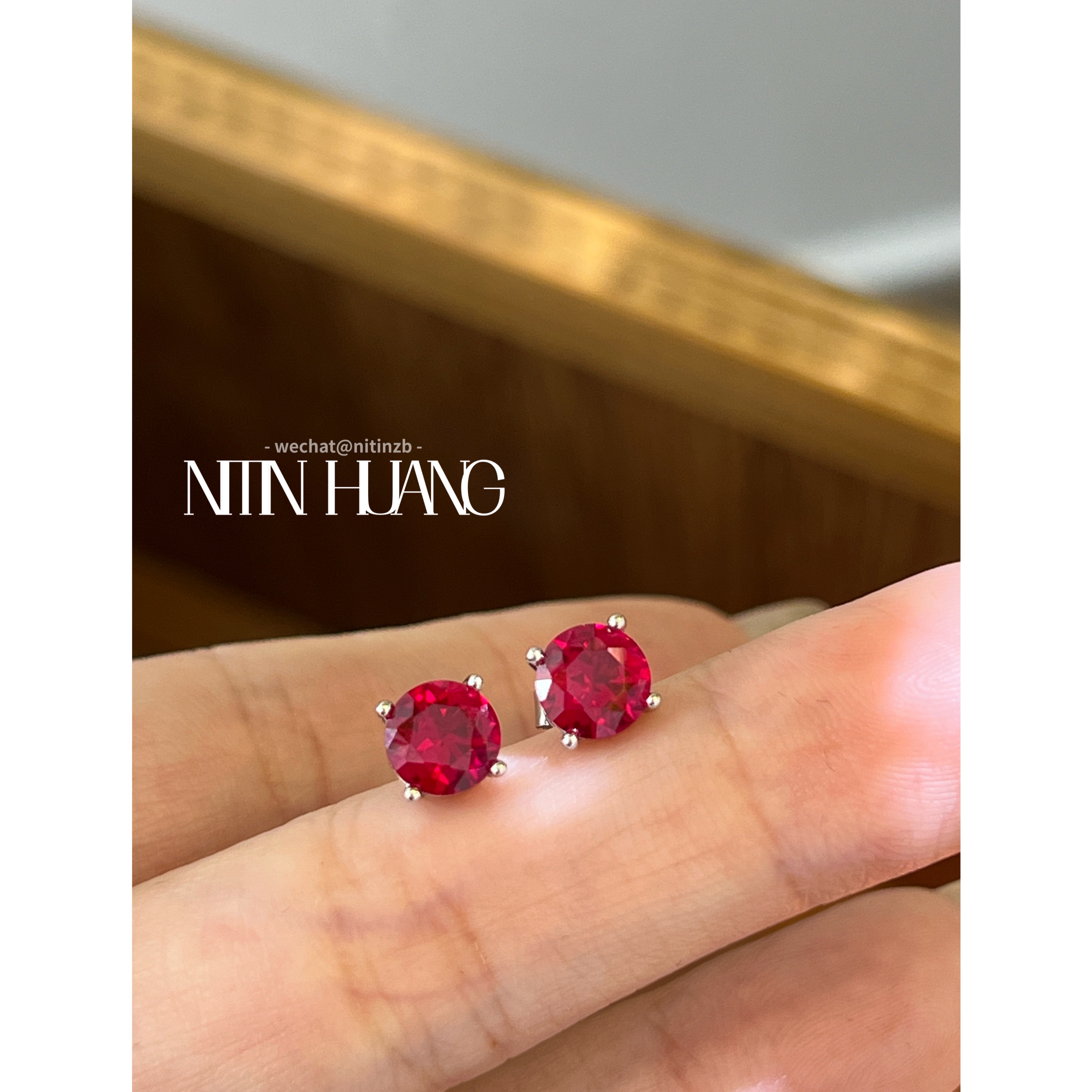 NITINHUANG 通体925纯银 红宝石耳钉 培育宝石 朱砂痣耳饰 爆款 - 图1