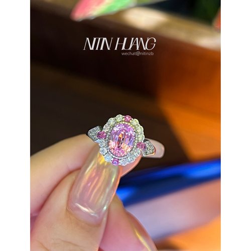 NITINHUANG 通体925纯银镀真金 培育粉蓝宝石戒指1克拉复古宫廷 - 图0