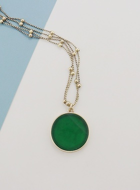 LK欧美复古绿色圆牌双层项链精致时尚百搭个性简约vintage