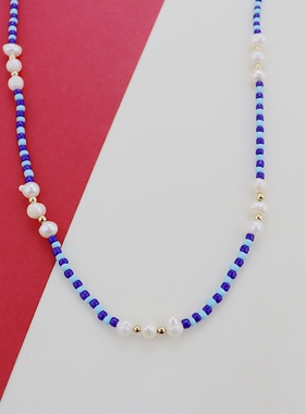 RA欧美蓝色串珠天然珍珠项链精致气质优雅时尚百搭个性ins