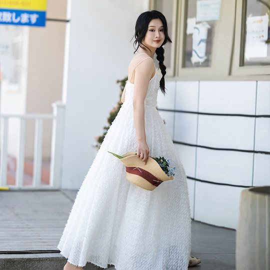 5折【提香】吊带裙女装夏季雪纺收腰长裙V领高腰连衣裙白色裙子