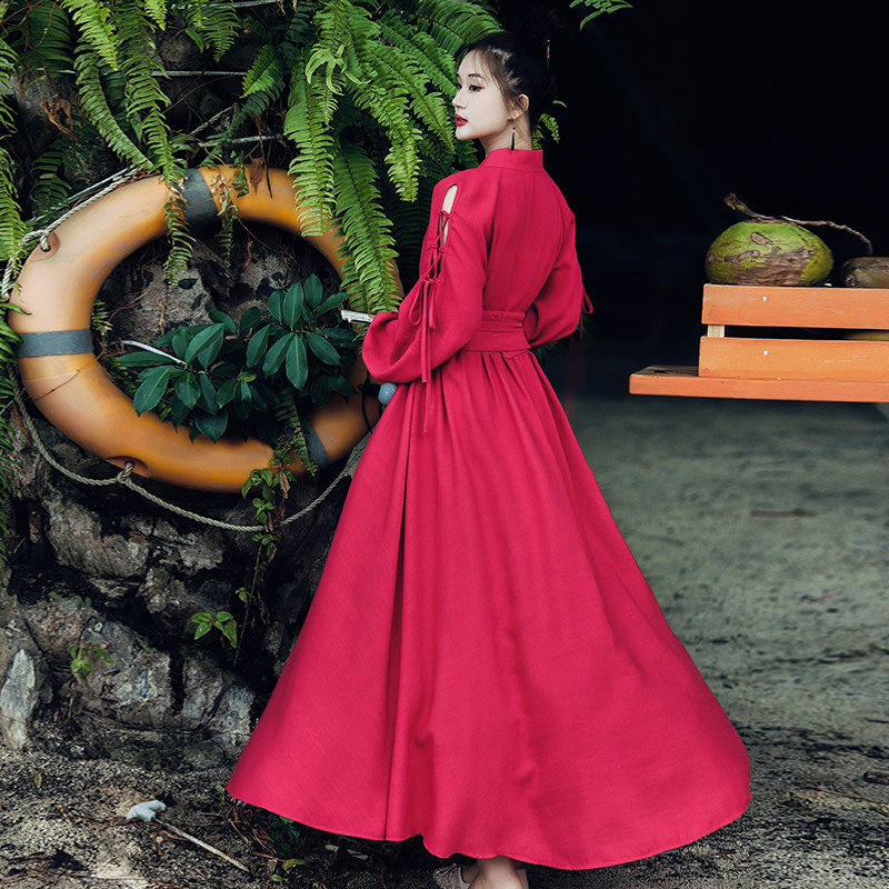 现货【朱砂流霞】文艺大摆连衣裙女春季新款V领收腰镂空系带长裙,淘宝优惠券,粉丝福利购,淘宝优惠卷