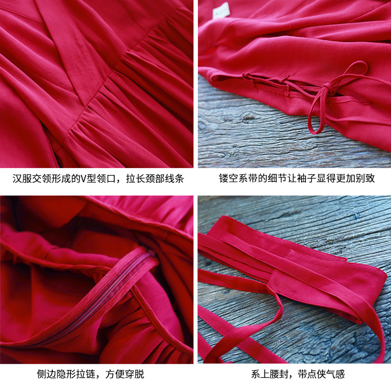 现货【朱砂流霞】文艺大摆连衣裙女春季新款V领收腰镂空系带长裙,淘宝优惠券,粉丝福利购,淘宝优惠卷
