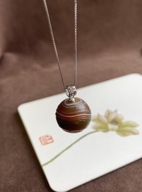 蒙古阿拉善玛瑙奇石吊坠圆珠项链女款眼睛石挂件锁骨链送女友礼物