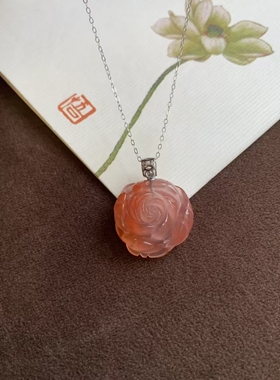 天然南红牡丹花吊坠女款柿子红新中式精雕项链礼品玛瑙国风吊坠