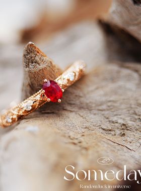 大福18K玫瑰金鸽血红宝石钻石戒指复古蕾丝戒指