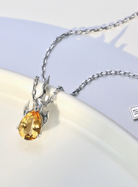 男士女士同款天然黄水晶火焰项链925纯银镶嵌吊坠彩宝锁骨链正品