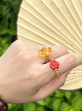 文玩复古蜜蜡朱砂开口戒指新中式