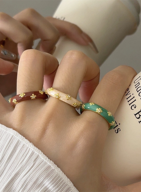 复古多色珐琅花朵开口戒指