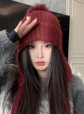 韩版系带显脸小针织毛线帽子女