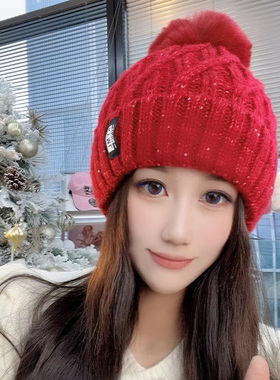 韩版毛球亮片毛线帽女加厚保暖冬