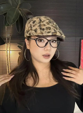 秋冬帽子女款2025款网红款豹纹复古前进帽贝雷显脸小PU帽檐画家帽