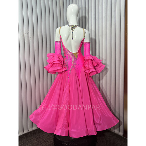 全新现货摩登比赛服华尔兹舞服好舞伴GOODANPAR荧光梅红喇叭袖 - 图2