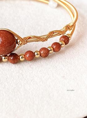 14k包金绕线手镯 金砂 红金砂石 双层圆珠手饰手链手镯