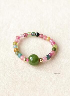 天然水晶珠宝 碧玺配碧玉 碧玺2.8mm女款弹力戒指指环手饰