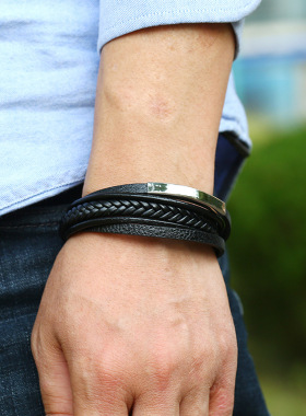 男士朋克风多层复古钛钢皮革手链