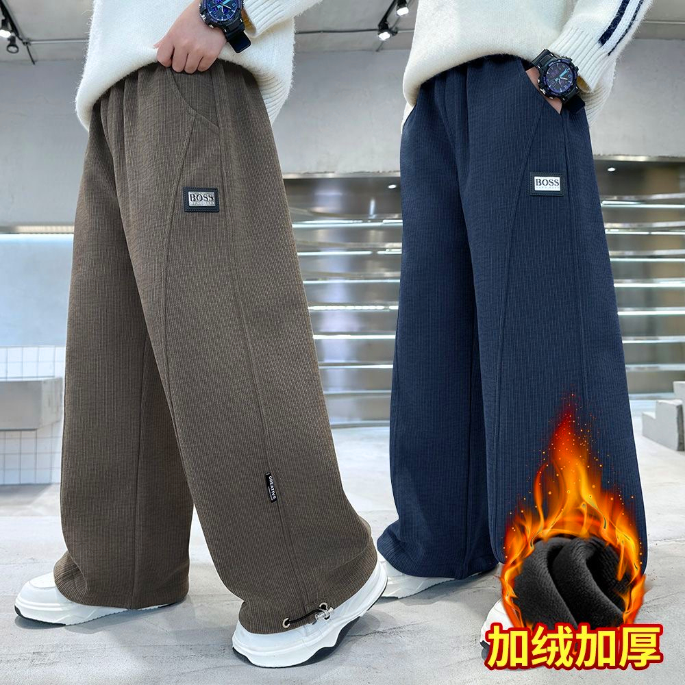 男童一体绒裤子秋冬季2025新款儿童加绒休闲裤灯心绒裤保暖运动裤 - 图0