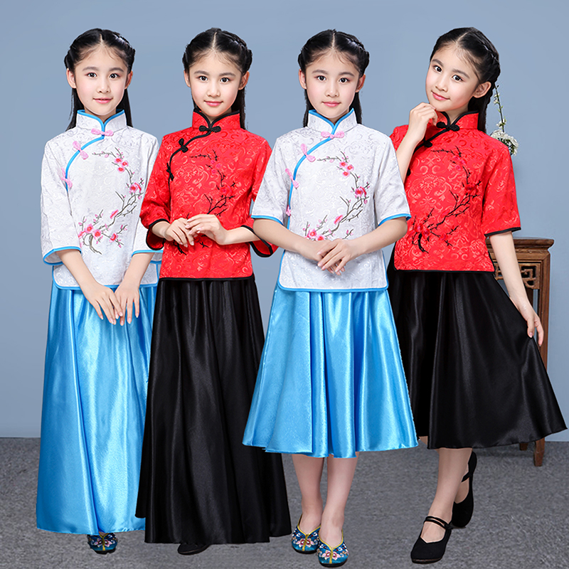 儿童古装汉服民国风女学生服装长袖古筝演出服国乐茶艺表演服送鞋 - 图0