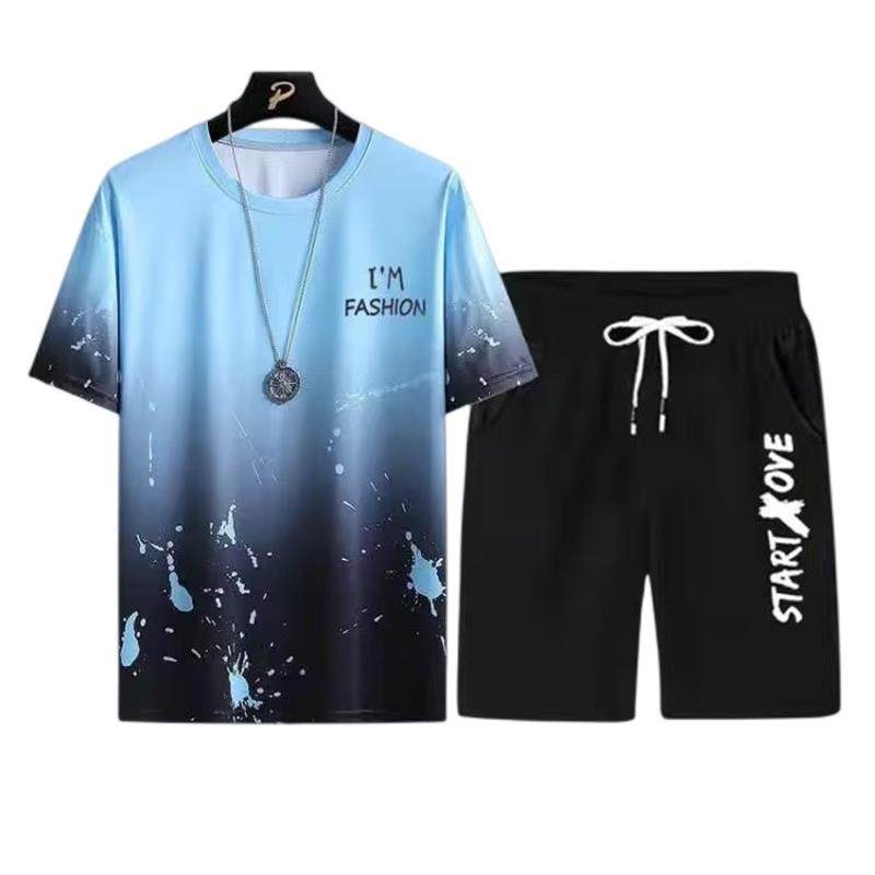 夏季冰丝短袖t恤男运动休闲套装帅气潮流半袖衣服短裤搭配两件套