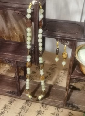 复古即时尚原创设计和田玉晴水天然石项链耳饰套装小众国风混搭风