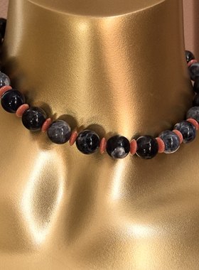 复古即时尚原创手作天然石蓝纹石项链大珠径锁骨链