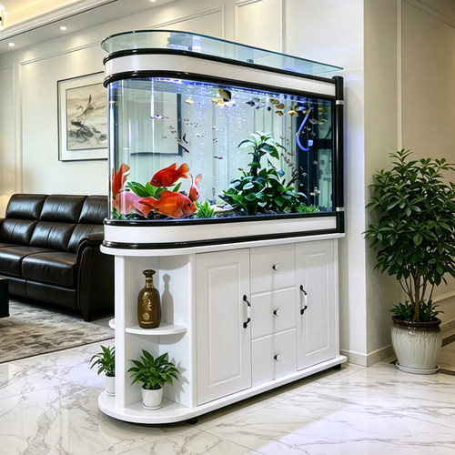 玄关子弹头鱼缸玻璃生态水族箱中型大型屏风隔断鞋柜家用客厅定制 - 图1