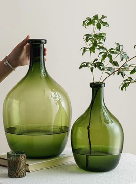 欧式绿色玻璃大肚花瓶客厅装饰大容量手工花器摆件麻醉木吊钟花瓶