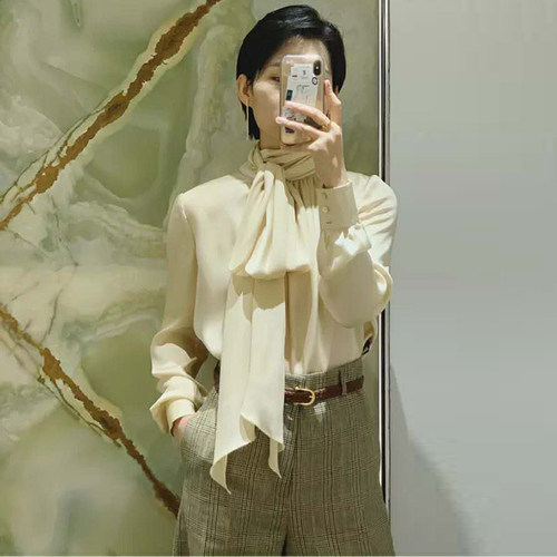 重磅真丝上衣2020早春装新款长袖飘带系带宽松打底桑蚕丝女小衬衫 - 图1