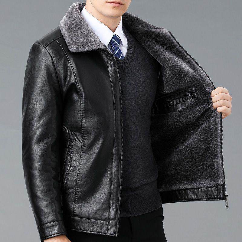 头层牛皮真皮夹克皮衣海宁男高端冬季加绒加厚皮毛一体中年爸爸装 - 图0