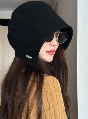 松弛感黑色羊毛护耳帽休闲巴法帽