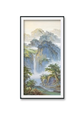 新中式山水风景纯手绘油画高山流水客厅装饰画招财聚宝盆玄关挂画