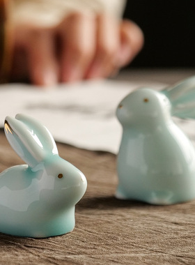 陶瓷可爱玉兔茶宠摆件功夫茶具茶宠摆件茶道工艺礼品家居桌面装饰
