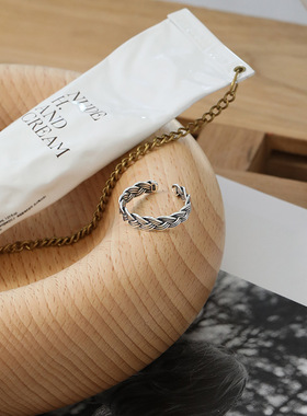 纯银S925韩版复古戒指马鞭纹线条编织气质百搭学生银饰开口戒指