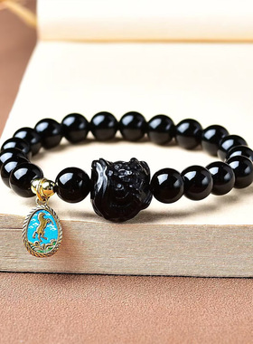 天然黑曜石醒狮手链 黑曜石黑色礼物饰品简约手串马年千里马手串