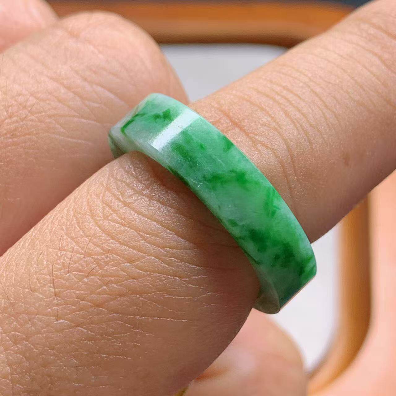 No. 14-15 Myanmar natural grade A jade T1262 inner diameter 17.5-4.8-2.7mm floating green square ring