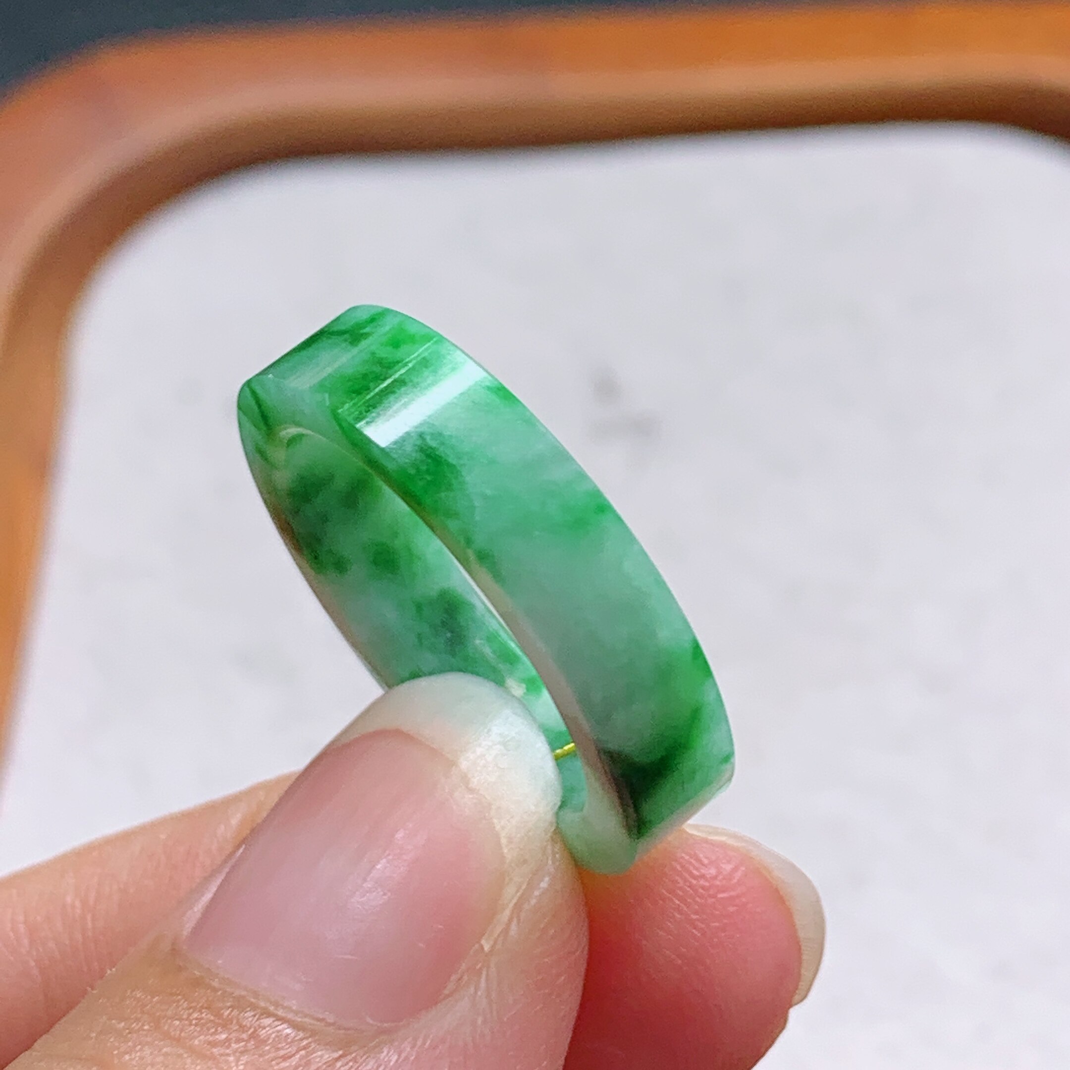 No. 14-15 Myanmar natural grade A jade T1262 inner diameter 17.5-4.8-2.7mm floating green square ring