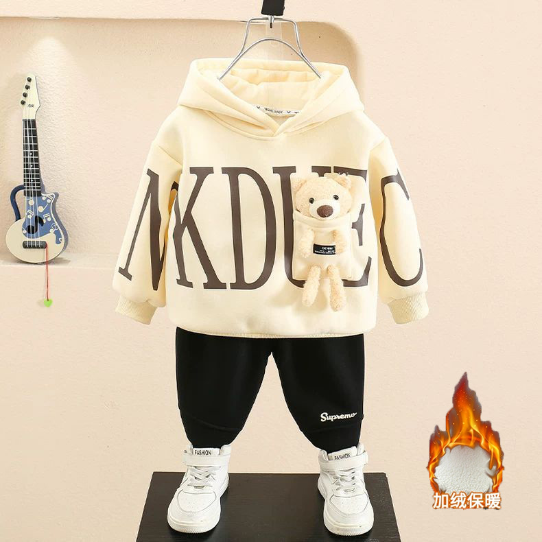 男童卫衣套装2025新款痞帅男宝秋冬加绒连帽上衣长裤时尚两件套潮 - 图0