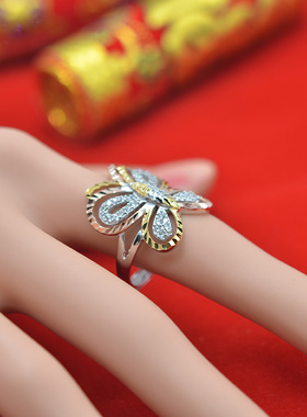 戒指s925蝴蝶彩金夸张树叶银手