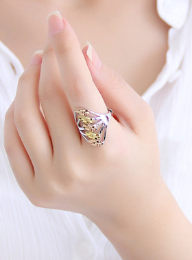 银树枝彩银戒指镶嵌开口S925彩金