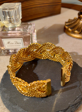 中古复古风港风镀金手镯小众高级编织麻花纹理手镯