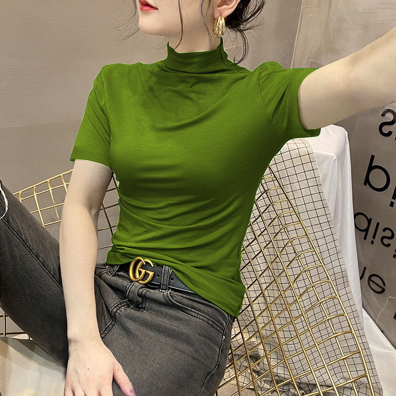半高领针织短袖打底衫女夏季冰丝T恤气质修身半袖薄款绿色上衣潮 - 图0