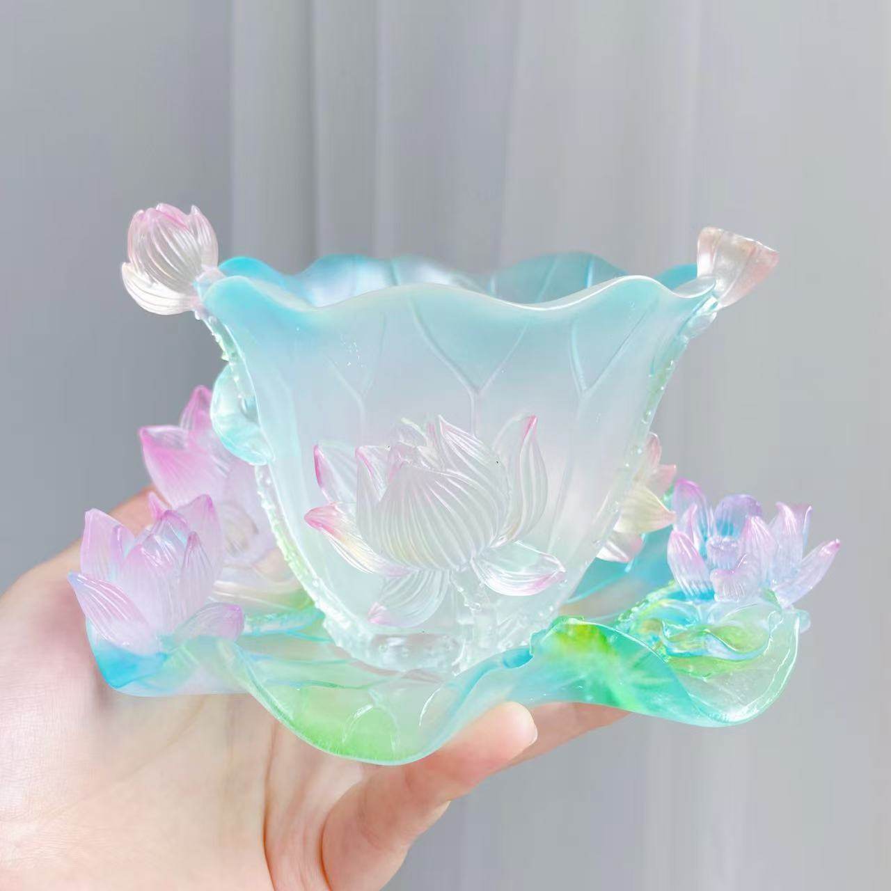 灵隐景区新款莲花琉璃杯青蓝渐变琉璃荷气生财杯垫桌面摆件7259,淘宝优惠券,粉丝福利购,淘宝优惠卷