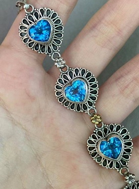 尼泊尔银饰 纯银手工 爱心蓝托帕 女士手链 925银带小铜花镶嵌